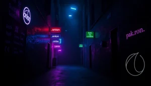 The Hidden Wiki showcasing dark web services in a mysterious alley with neon signs and a Tor browser logo.