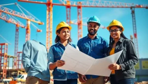 Construction apprenticeship program with workers collaborating at a busy site.