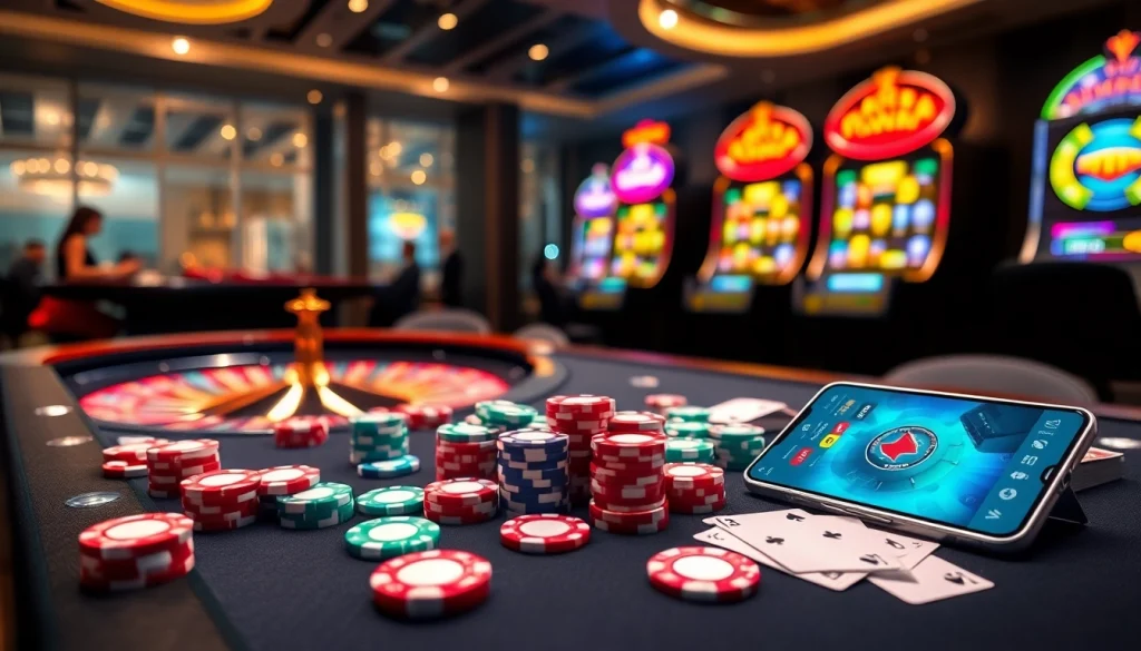 Experience the thrill of AF88 poker games at an illuminated casino with vibrant tables.
