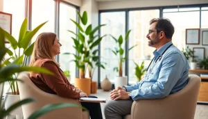 Engaging scene with an affordable psychiatrist in dubai consulting a patient in a warm office.