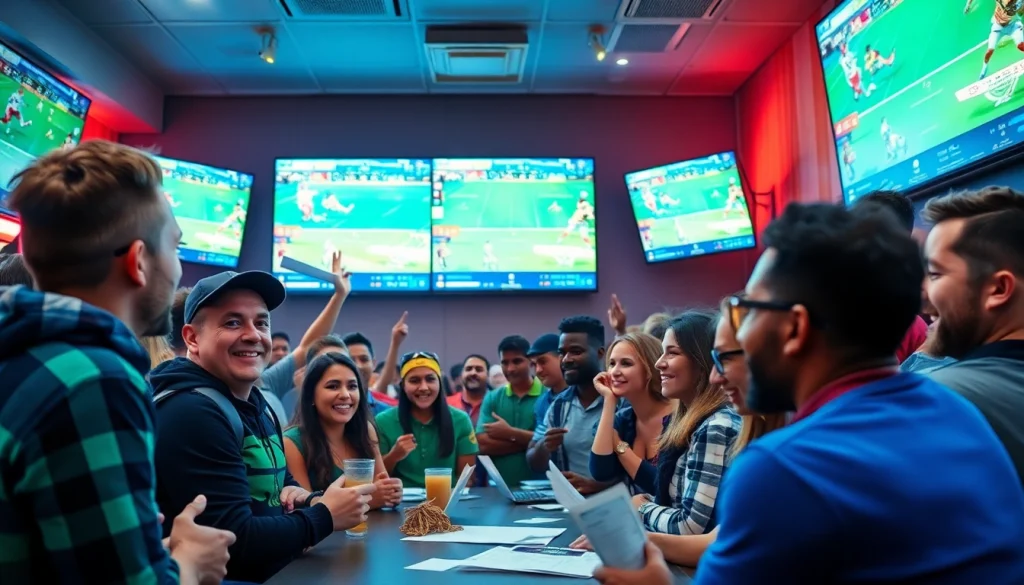 Exciting sports betting community scene showcasing 토토스토리 with high-definition screens and diverse fans.