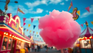 Proef goedkope wafelkatoen omringd door kleurrijke kermisattracties en een vrolijke sfeer.