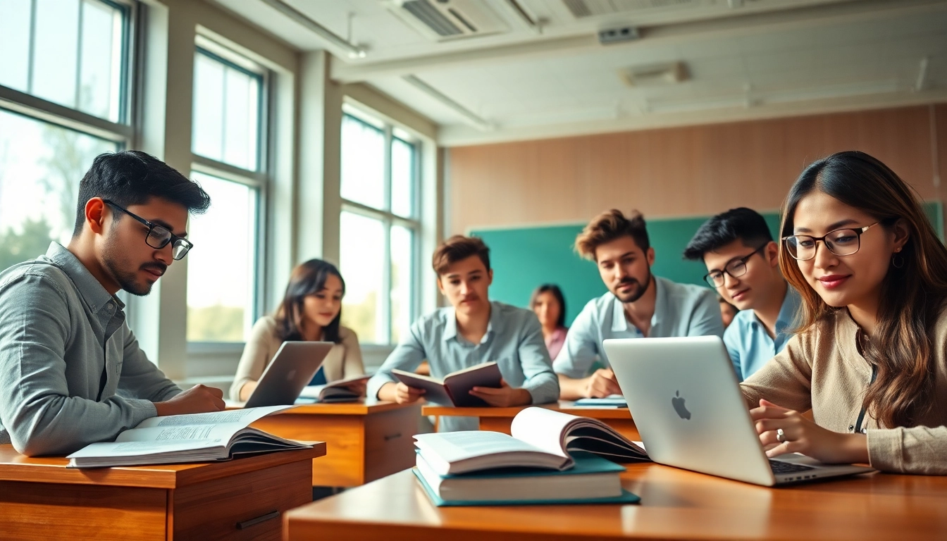 Students collaborating in a vibrant classroom for effective exam assistance preparation.