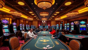 KJC branded casino filled with excitement, showcasing players at tables amidst vibrant gambling activity.