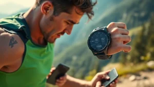 Showcase the Explorer Plus GPS Smart Watch worn by an athlete in a scenic outdoor setting.