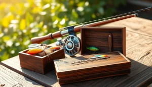 Engaging display of fishing gifts showcasing a fishing rod, lures, and tackle box.