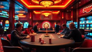 Experience the thrill of Jun88 at a luxurious casino with engaged players and vibrant gaming tables.