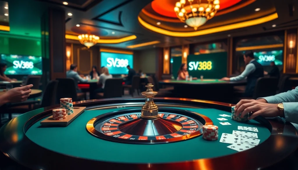 Engaging players enjoying the thrilling SV388 online casino experience with poker chips and cards.