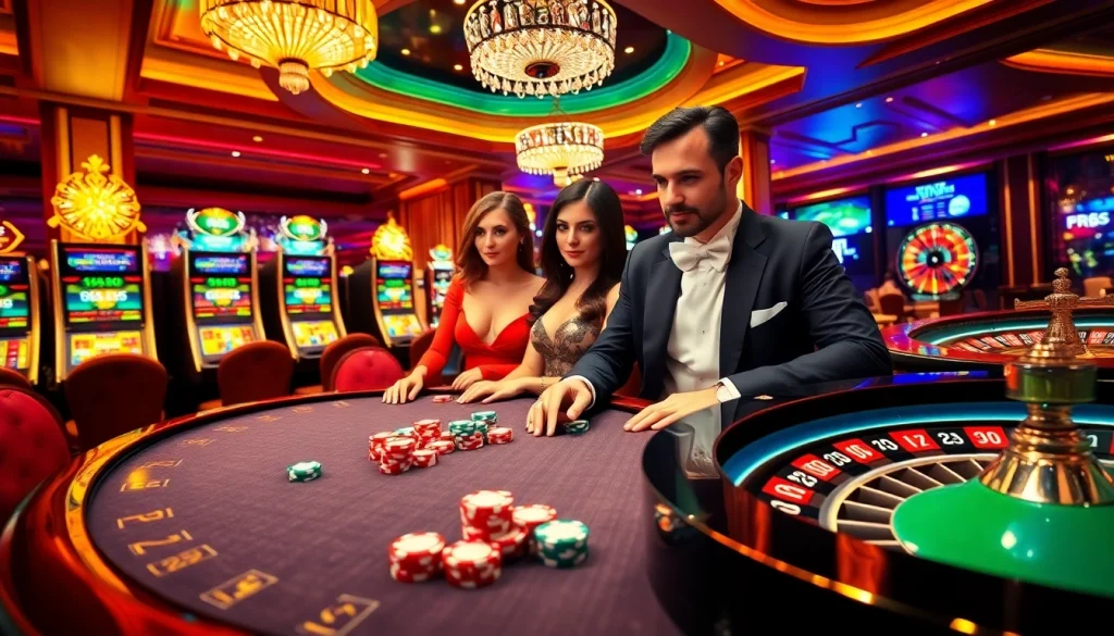 Experience thrilling gameplay at RR88 with vibrant casino visuals showcasing poker, slots, and roulette.