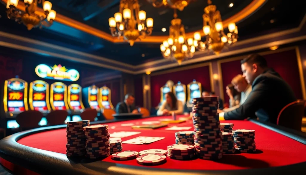 Players enjoying poker at CM88's vibrant casino, showcasing rich colors and luxury.