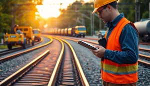 Railway maintenance worker conducts essential track inspections in safety gear.