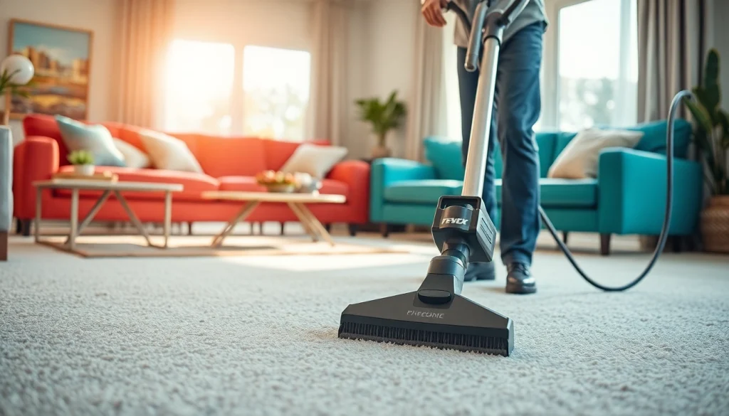 Efficient carpet cleaning lincoln ca as a professional revitalizes the carpet in a bright, stylish living room.