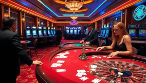 Une scène animée de casino en ligne avec des joueurs aux tables et des machines à sous vibrantes dans un cadre luxueux.