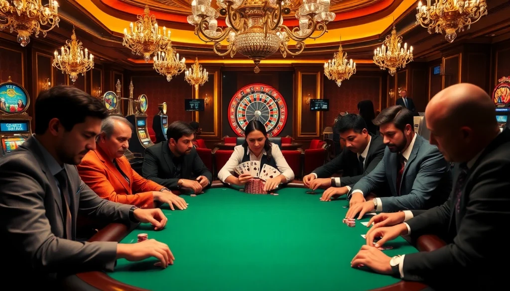Engaged players in an idn poker game at a luxurious casino table, highlighted by vibrant decor.