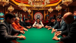 Engaged players in an idn poker game at a luxurious casino table, highlighted by vibrant decor.