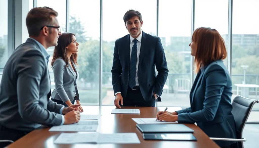 Abfindung verhandeln in einem modernen Konferenzraum mit Dokumenten und Laptop.