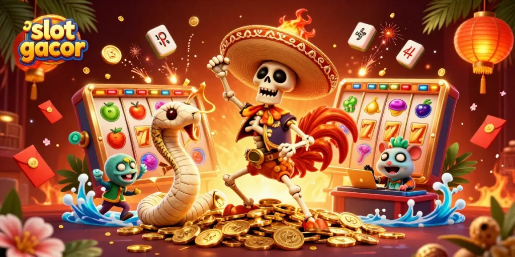 Engage with slot gacor gaming scene featuring vibrant characters and dazzling elements for players.