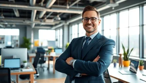 Enhancing Executive Presence with a confident business leader in a modern office.